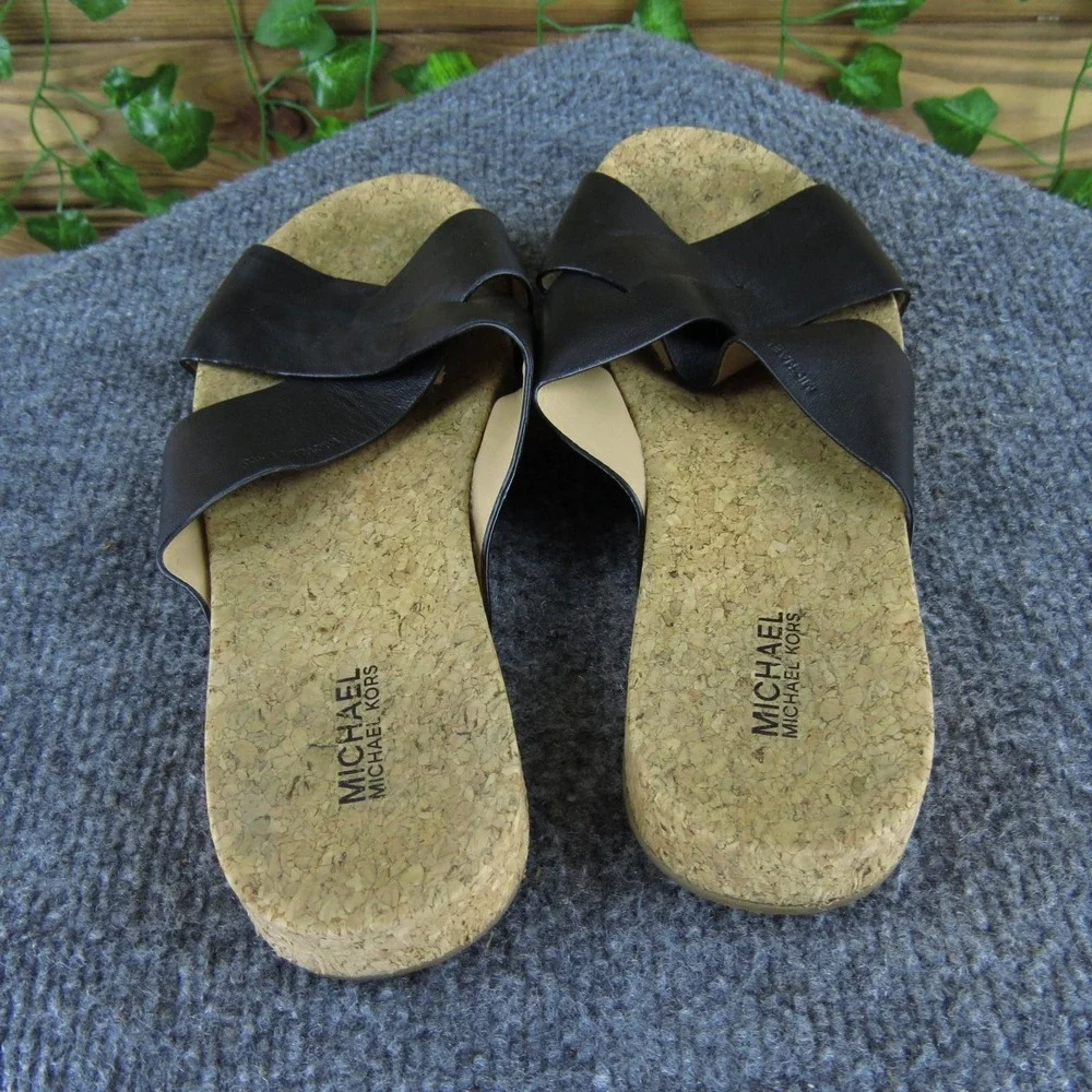 Michael Kors Women's Black Leather Cork Slide‎ Sandals 7.5M